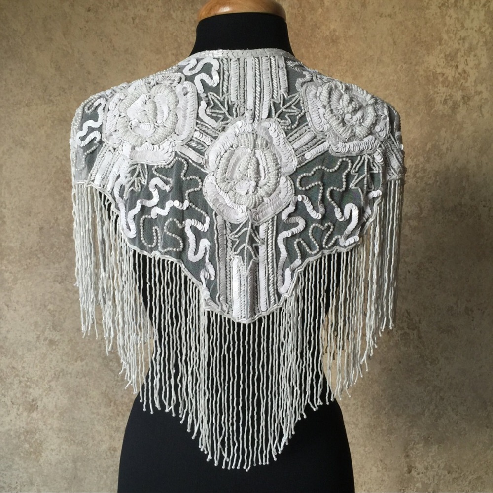 White Rose Sequin Glass Beaded/ Sequin FULL Wrap Chiffon Collar Shoulder Shawl - Picture 1 of 9